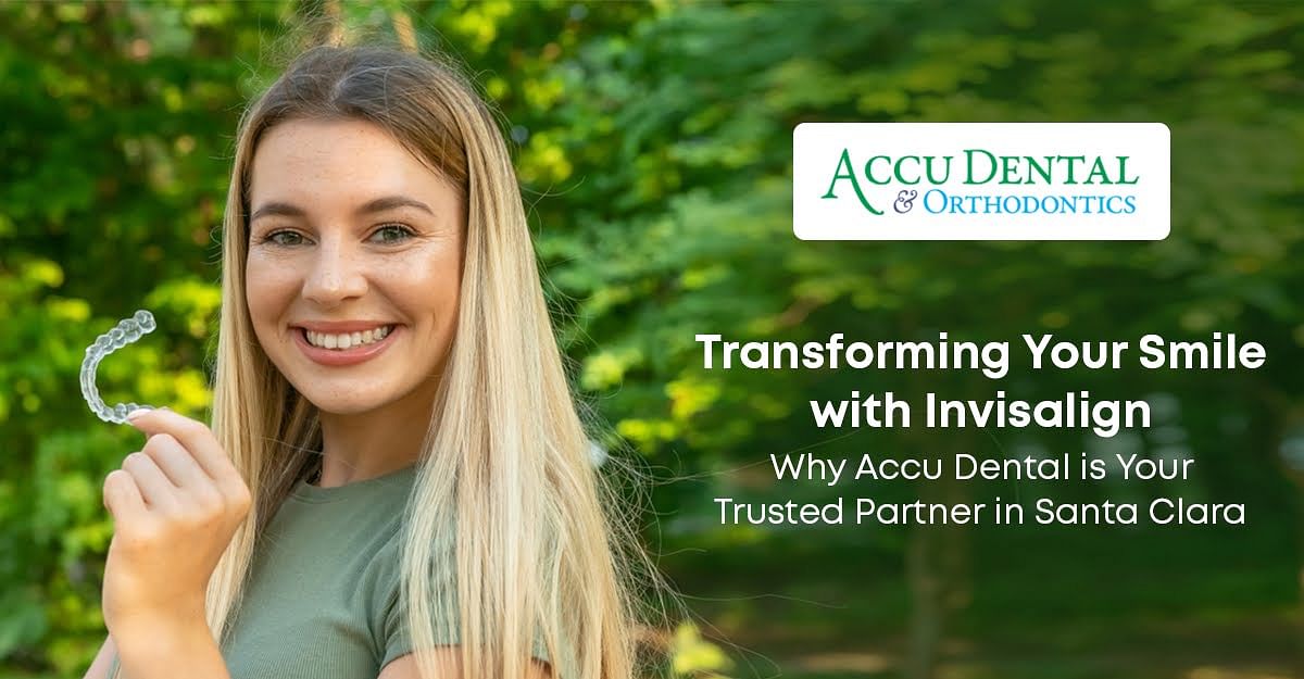 A smiling patient wearing clear Invisalign aligners at Accu Dental in Santa Clara.